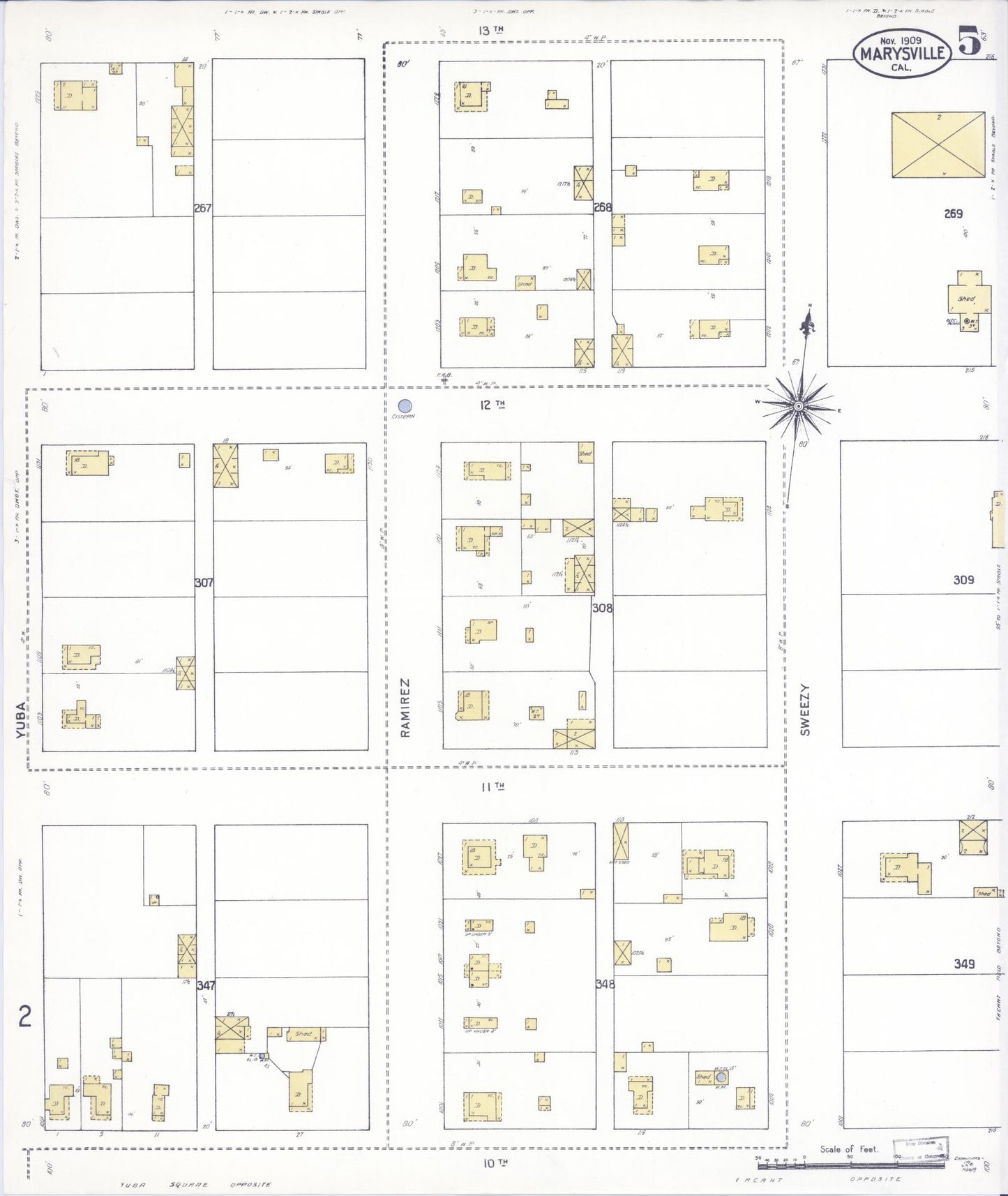 Sanborn Fire Insurance Map from Marysville, Yuba County, California (1909), Sheet #0005 - Historic Sanborn Fire Insurance Map Print, vintage old map wall art, antique decor, genealogy gift, California California map