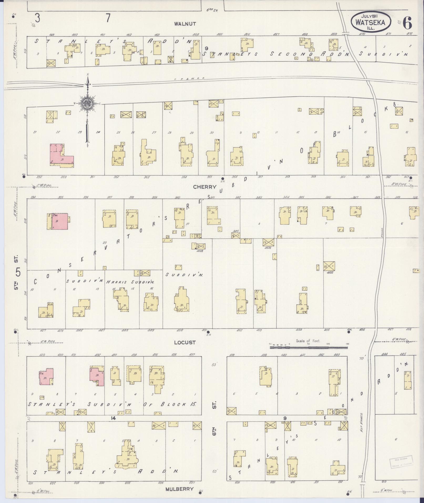 Sanborn Fire Insurance Map from Watseka, Iroquois County, Illinois (1911), Sheet #0006 - Historic Sanborn Fire Insurance Map Print, vintage old map wall art, antique decor, genealogy gift, Illinois Illinois map