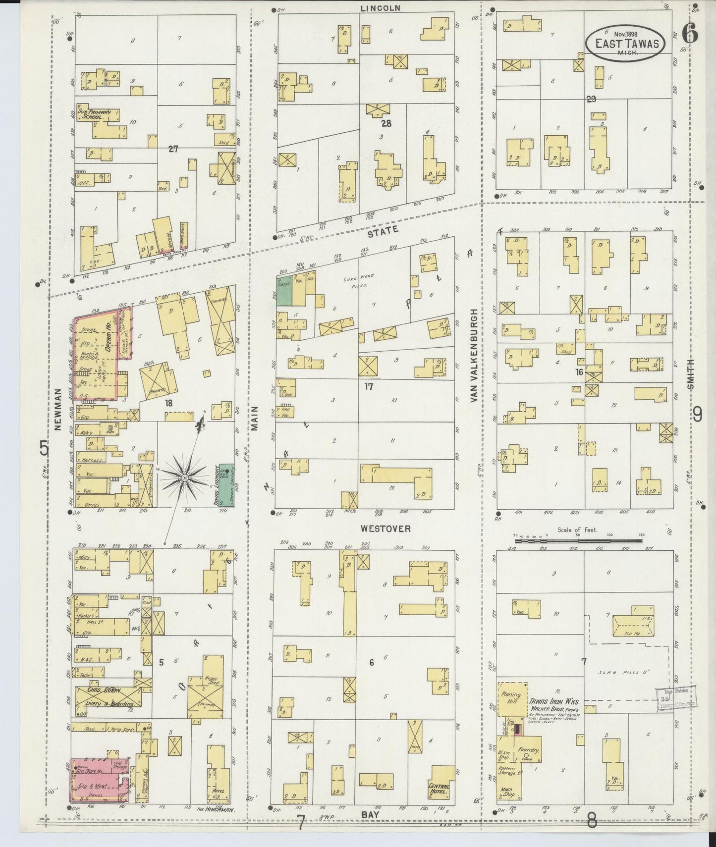 Sanborn Fire Insurance Map from Tawas City, Iosco County, Michigan (1898), Sheet #0006 - Historic Sanborn Fire Insurance Map Print, vintage old map wall art, antique decor, genealogy gift, Michigan Michigan map