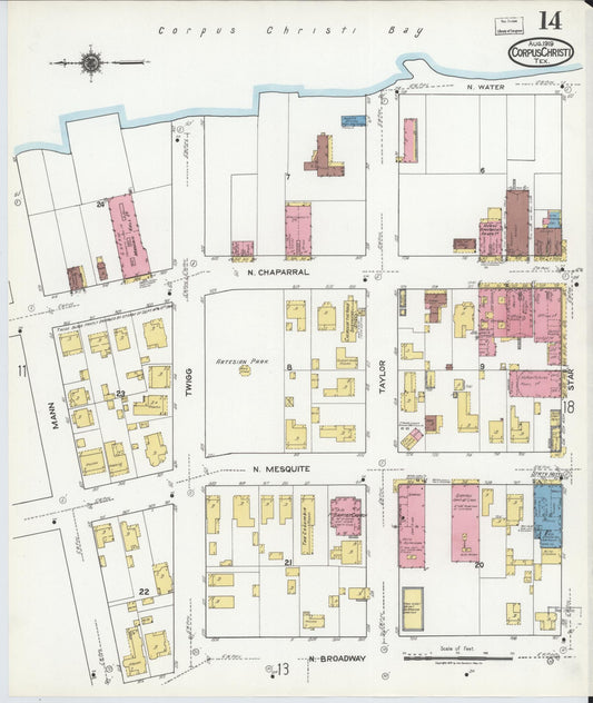 Sanborn Fire Insurance Map from Corpus Christi, Nueces County, Texas (1919), Sheet #0014 - Historic Sanborn Fire Insurance Map Print, vintage old map wall art, antique decor, genealogy gift, Texas Texas map