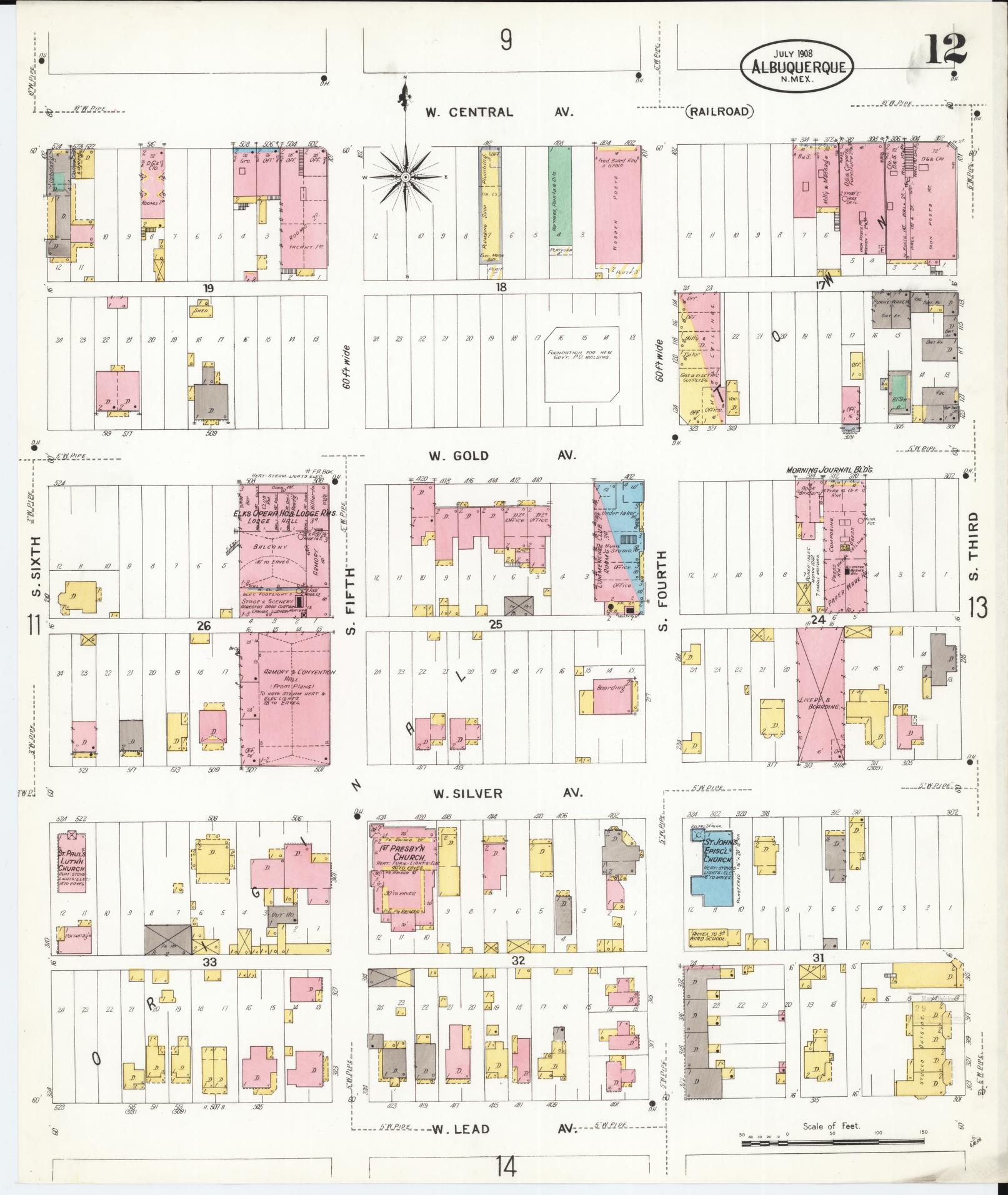 Sanborn Fire Insurance Map from Albuquerque, Bernalillo County, New Mexico (1908), Sheet #0012 - Historic Sanborn Fire Insurance Map Print, vintage old map wall art, antique decor, genealogy gift, New Mexico New Mexico map