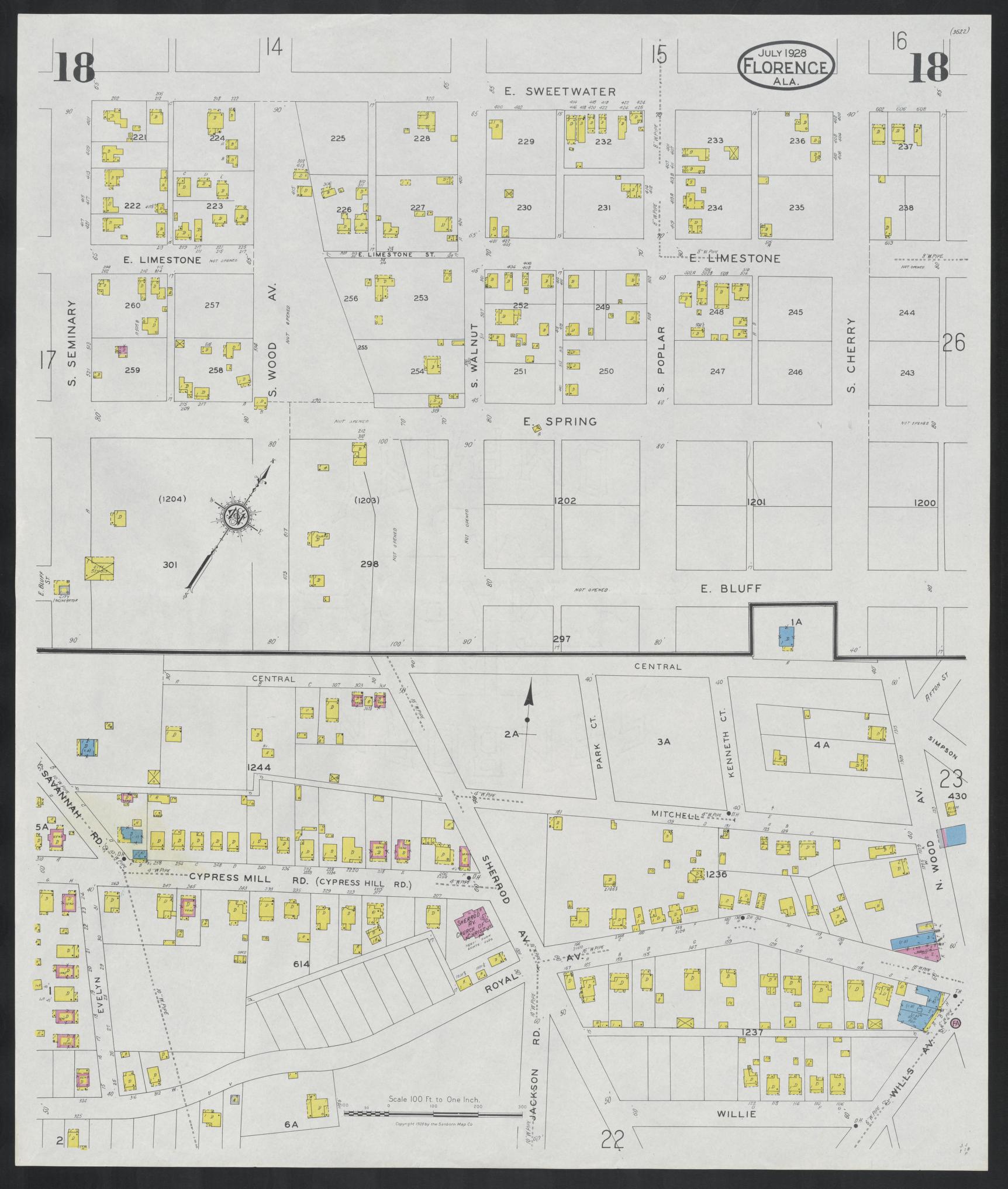 Sanborn Fire Insurance Map from Florence, Lauderdale County, Alabama (1928), Sheet #0018 - Historic Sanborn Fire Insurance Map Print, vintage old map wall art, antique decor, genealogy gift, Alabama Alabama map