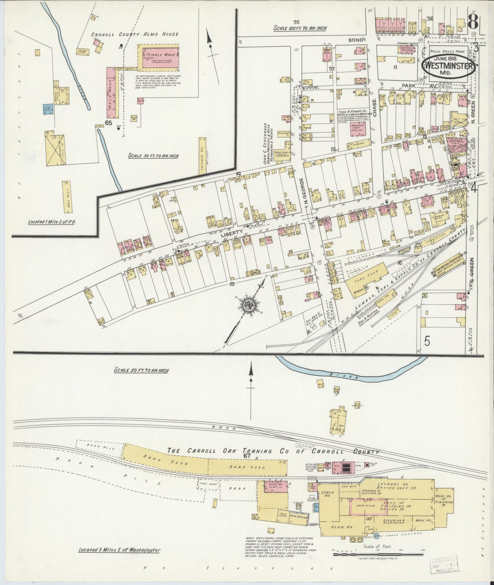 Sanborn Fire Insurance Map from Westminster, Carroll County, Maryland (1918), Sheet #0008 - Historic Sanborn Fire Insurance Map Print, vintage old map wall art, antique decor, genealogy gift, Maryland Maryland map