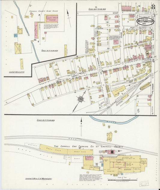 Sanborn Fire Insurance Map from Westminster, Carroll County, Maryland (1918), Sheet #0008 - Historic Sanborn Fire Insurance Map Print, vintage old map wall art, antique decor, genealogy gift, Maryland Maryland map