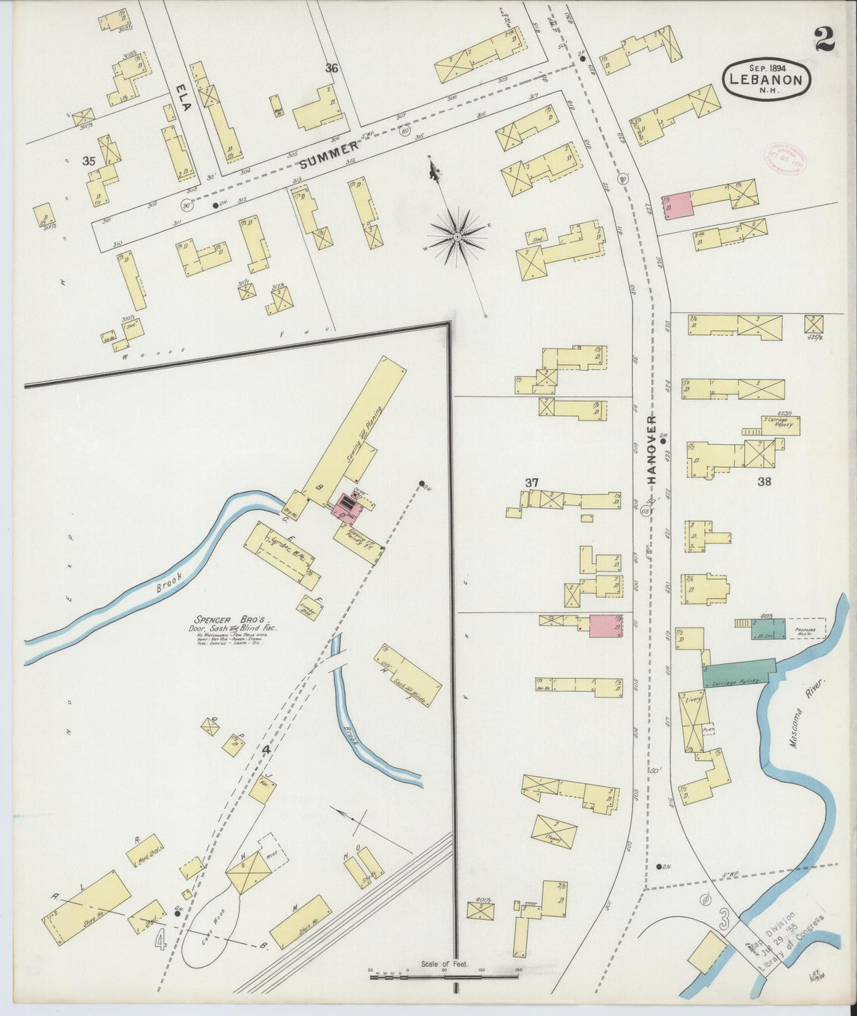 Sanborn Fire Insurance Map from Lebanon, Grafton County, New Hampshire (1894), Sheet #0002 - Historic Sanborn Fire Insurance Map Print, vintage old map wall art, antique decor, genealogy gift, New Hampshire New Hampshire map