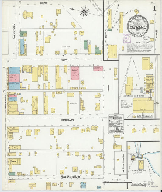 Sanborn Fire Insurance Map from San Marcos, Hays County, Texas (1902), Sheet #0001 - Historic Sanborn Fire Insurance Map Print, vintage old map wall art, antique decor, genealogy gift, Texas Texas map