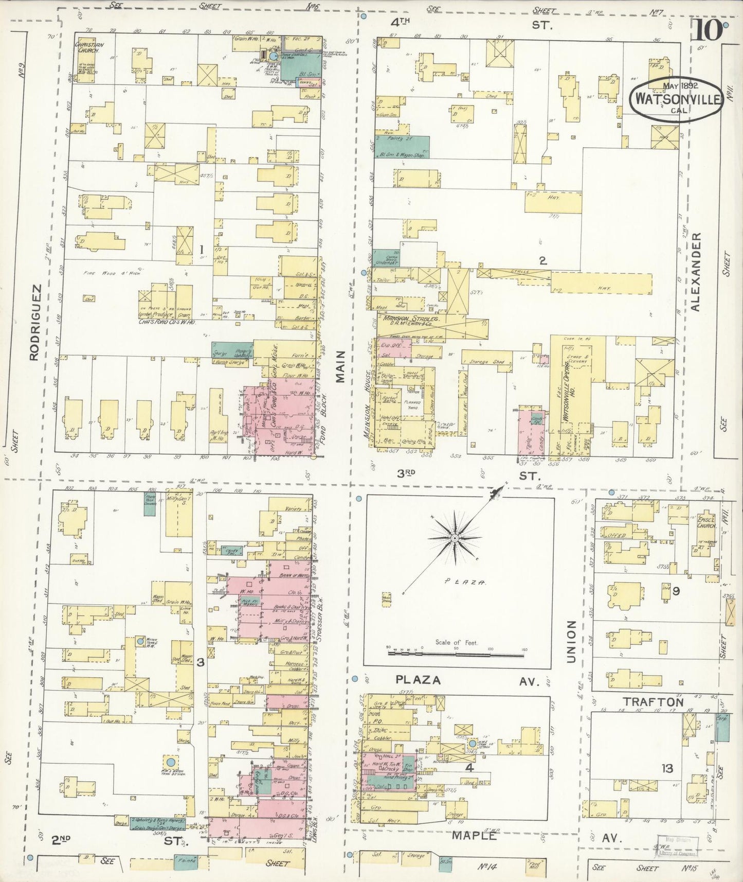 Sanborn Fire Insurance Map from Watsonville, Santa Cruz County, California (1892), Sheet #0010 - Complete Map Set gallery image, historic Sanborn map, vintage wall art, California California