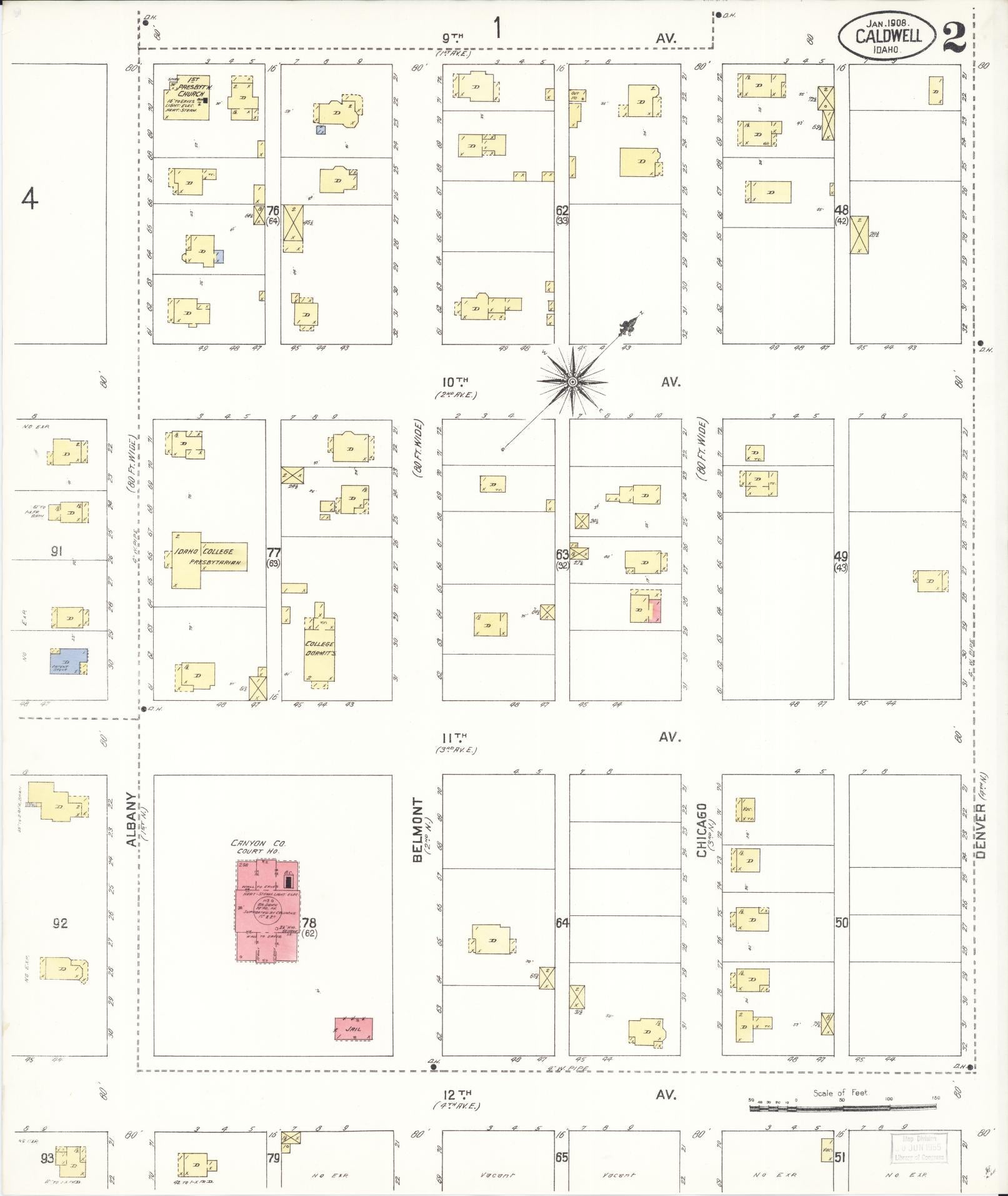 Sanborn Fire Insurance Map from Caldwell, Canyon County, Idaho (1908), Sheet #0002 - Historic Sanborn Fire Insurance Map Print, vintage old map wall art, antique decor, genealogy gift, Idaho Idaho map