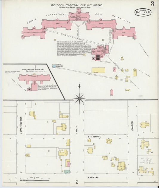 Sanborn Fire Insurance Map from Bolivar, Hardeman County, Tennessee (1896), Sheet #0003 - Historic Sanborn Fire Insurance Map Print, vintage old map wall art, antique decor, genealogy gift, Tennessee Tennessee map