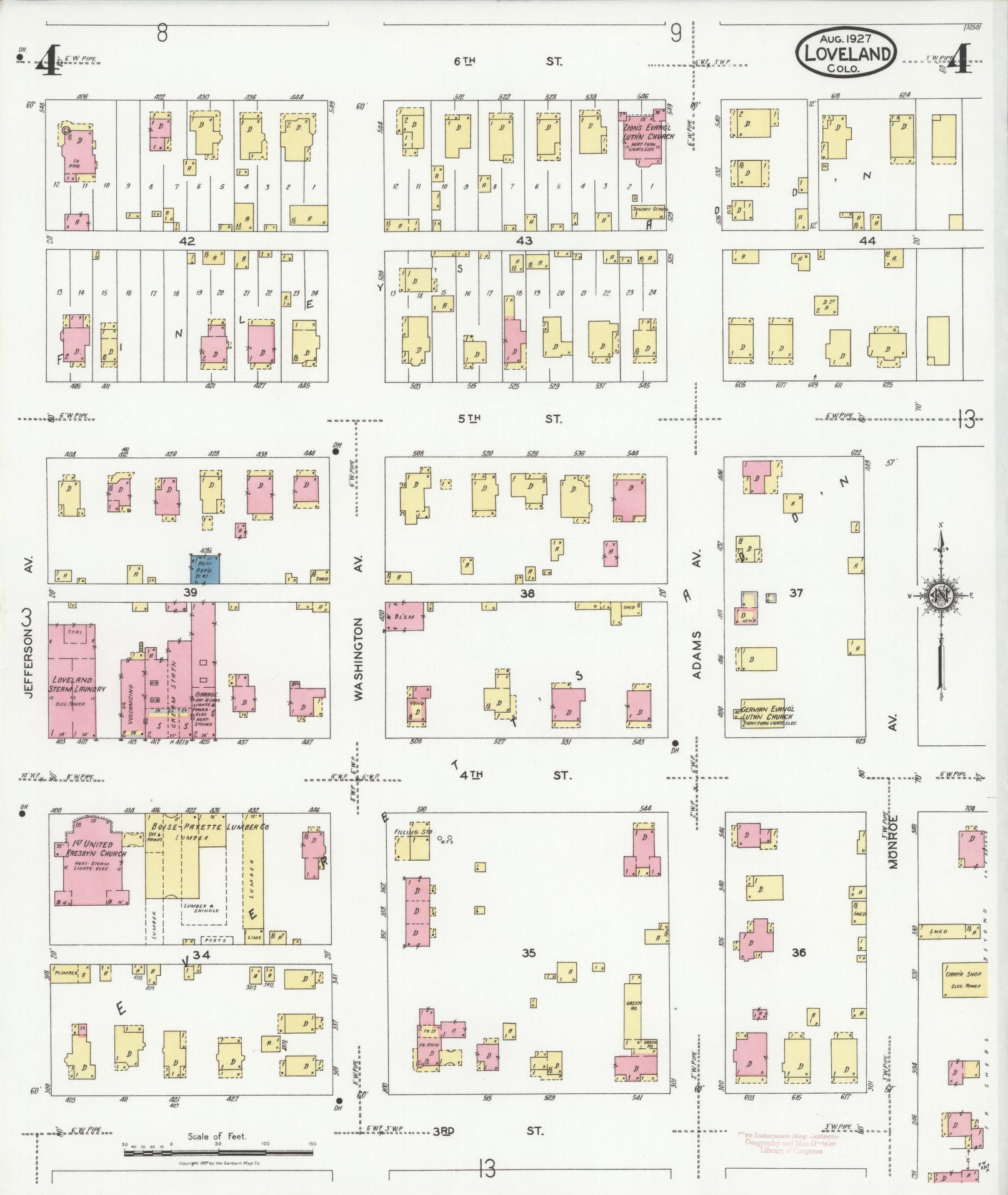 Sanborn Fire Insurance Map from Loveland, Larimer County, Colorado (1927), Sheet #0004 - Historic Sanborn Fire Insurance Map Print, vintage old map wall art, antique decor, genealogy gift, Colorado Colorado map
