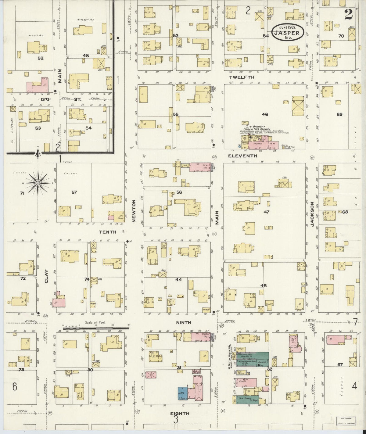 Sanborn Fire Insurance Map from Jasper, Dubois County, Indiana (1909), Sheet #0002 - Historic Sanborn Fire Insurance Map Print, vintage old map wall art, antique decor, genealogy gift, Indiana Indiana map