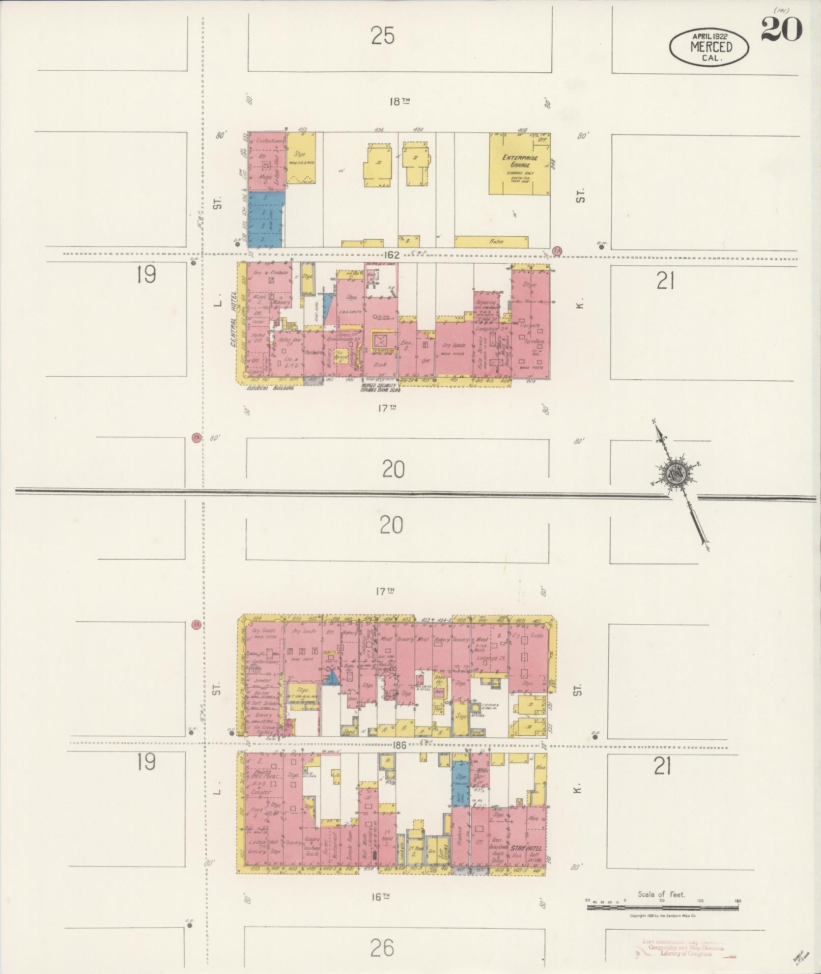 Sanborn Fire Insurance Map from Merced, Merced County, California (1922), Sheet #0020 - Historic Sanborn Fire Insurance Map Print, vintage old map wall art, antique decor, genealogy gift, California California map