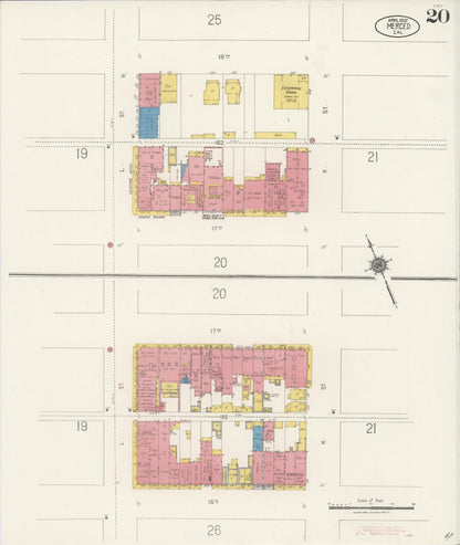Sanborn Fire Insurance Map from Merced, Merced County, California (1922), Sheet #0020 - Historic Sanborn Fire Insurance Map Print, vintage old map wall art, antique decor, genealogy gift, California California map