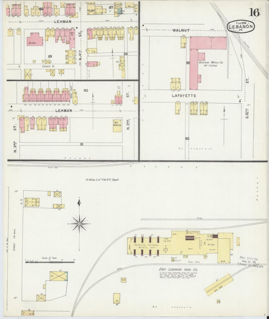 Sanborn Fire Insurance Map from Lebanon, Lebanon County, Pennsylvania (1896), Sheet #0016 - Historic Sanborn Fire Insurance Map Print, vintage old map wall art, antique decor, genealogy gift, Pennsylvania Pennsylvania map