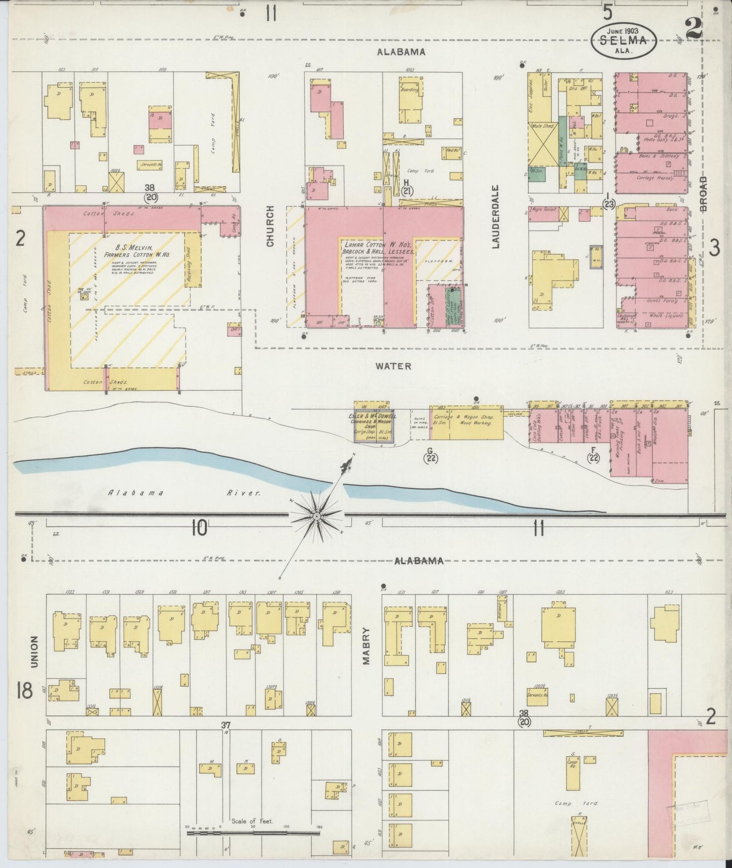 Sanborn Fire Insurance Map from Selma, Dallas County, Alabama (1903), Sheet #0002 - Complete Map Set gallery image, historic Sanborn map, vintage wall art, Alabama Alabama