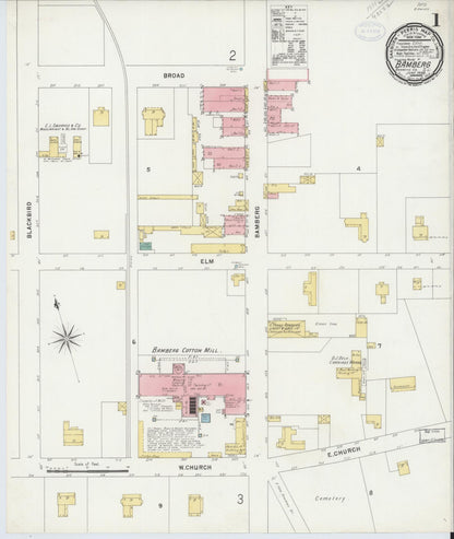 Sanborn Fire Insurance Map from Bamberg, Bamberg County, South Carolina (1898), Sheet #0001 - Complete Map Set gallery image, historic Sanborn map, vintage wall art, South Carolina South Carolina