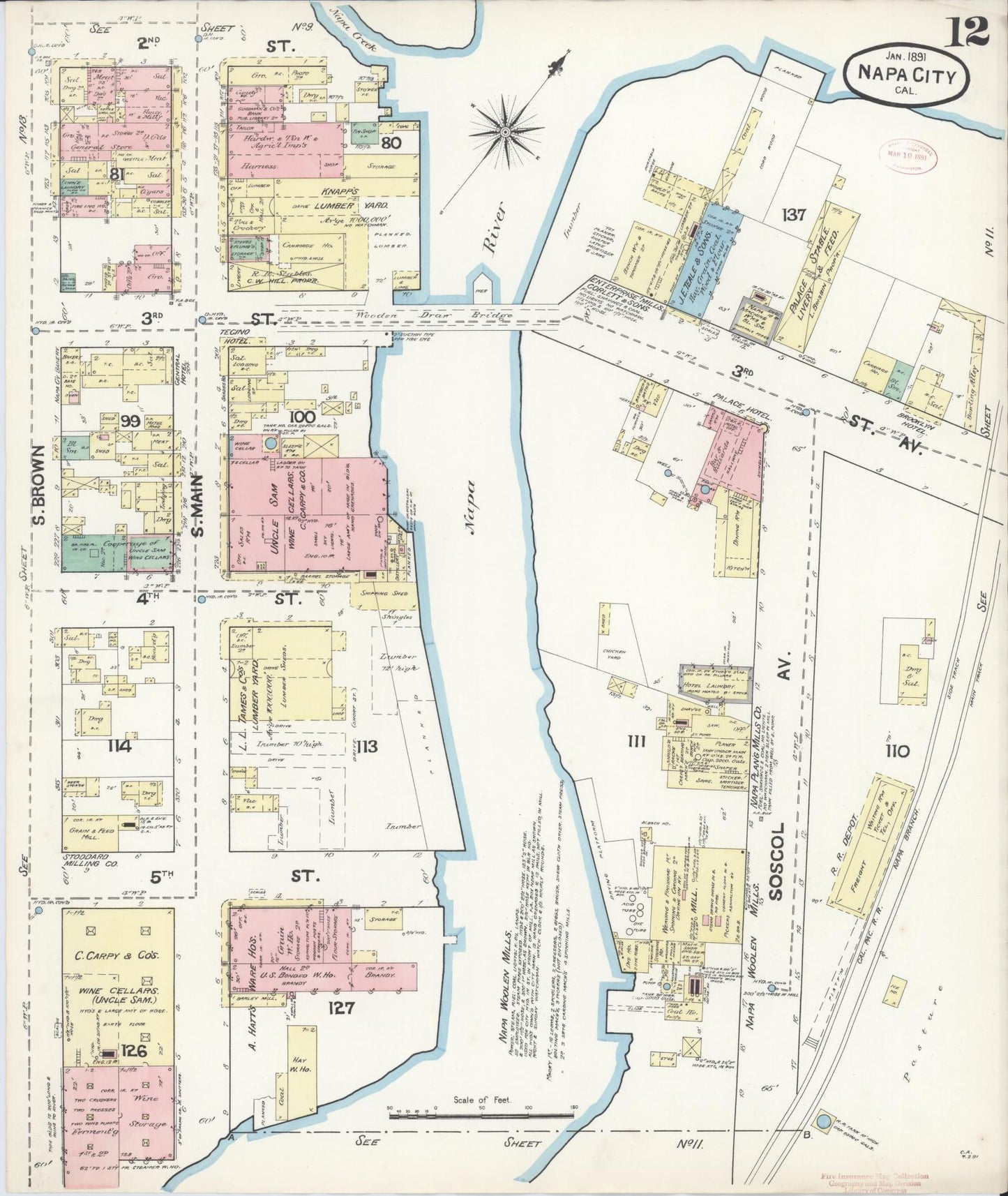 Sanborn Fire Insurance Map from Napa, Napa County, California (1891), Sheet #0012 - Complete Map Set gallery image, historic Sanborn map, vintage wall art, California California