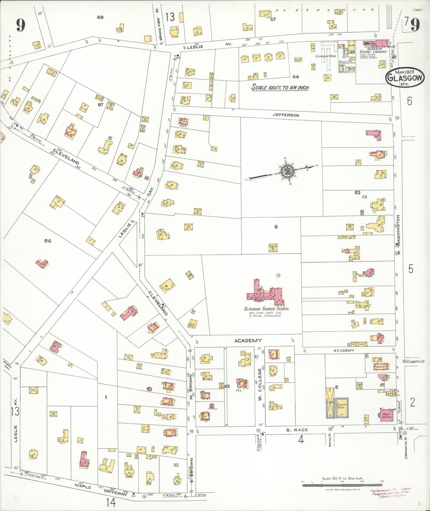 Sanborn Fire Insurance Map from Glasgow, Barren County, Kentucky (1923), Sheet #0009 - Historic Sanborn Fire Insurance Map Print, vintage old map wall art, antique decor, genealogy gift, Kentucky Kentucky map