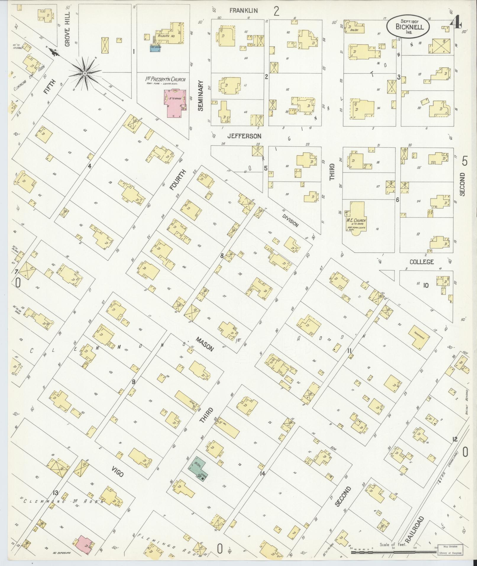 Sanborn Fire Insurance Map from Bicknell, Knox County, Indiana (1907), Sheet #0004 - Historic Sanborn Fire Insurance Map Print, vintage old map wall art, antique decor, genealogy gift, Indiana Indiana map