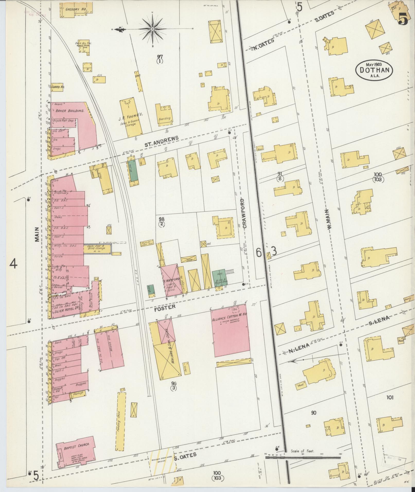 Sanborn Fire Insurance Map from Dothan, Houston County, Alabama (1903), Sheet #0005 - Historic Sanborn Fire Insurance Map Print, vintage old map wall art, antique decor, genealogy gift, Alabama Alabama map