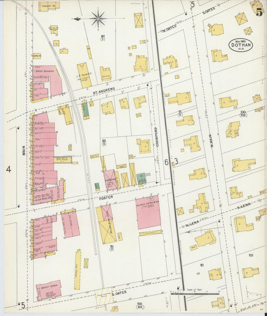 Sanborn Fire Insurance Map from Dothan, Houston County, Alabama (1903), Sheet #0005 - Historic Sanborn Fire Insurance Map Print, vintage old map wall art, antique decor, genealogy gift, Alabama Alabama map