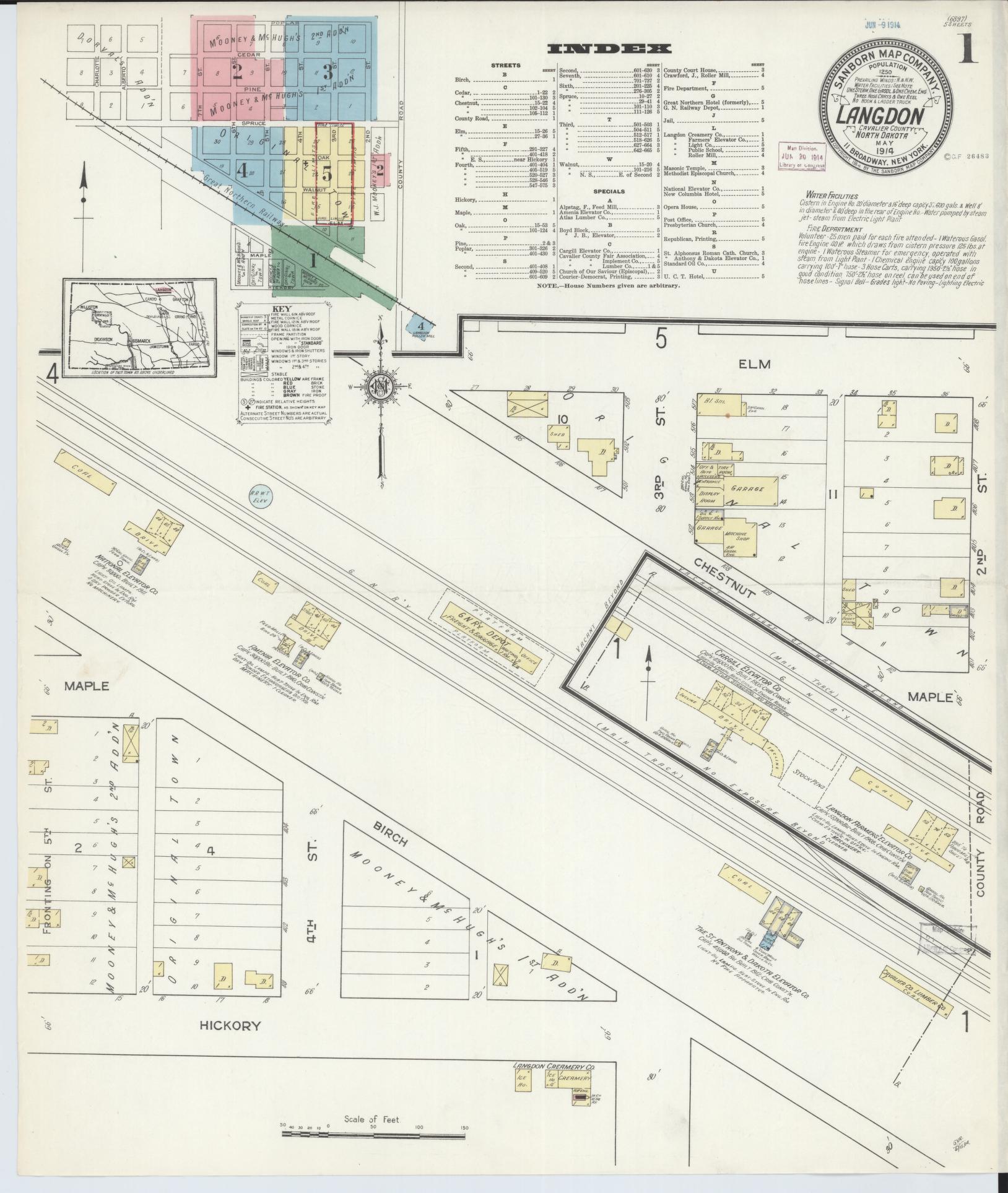 Sanborn Fire Insurance Map from Langdon, Cavalier County, North Dakota (1914), Sheet #0001 - Historic Sanborn Fire Insurance Map Print, vintage old map wall art, antique decor, genealogy gift, North Dakota North Dakota map