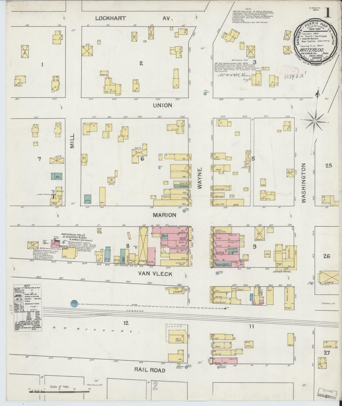 Sanborn Fire Insurance Map from Waterloo, De Kalb County, Indiana (1892), Sheet #0001 - Historic Sanborn Fire Insurance Map Print, vintage old map wall art, antique decor, genealogy gift, Indiana Indiana map