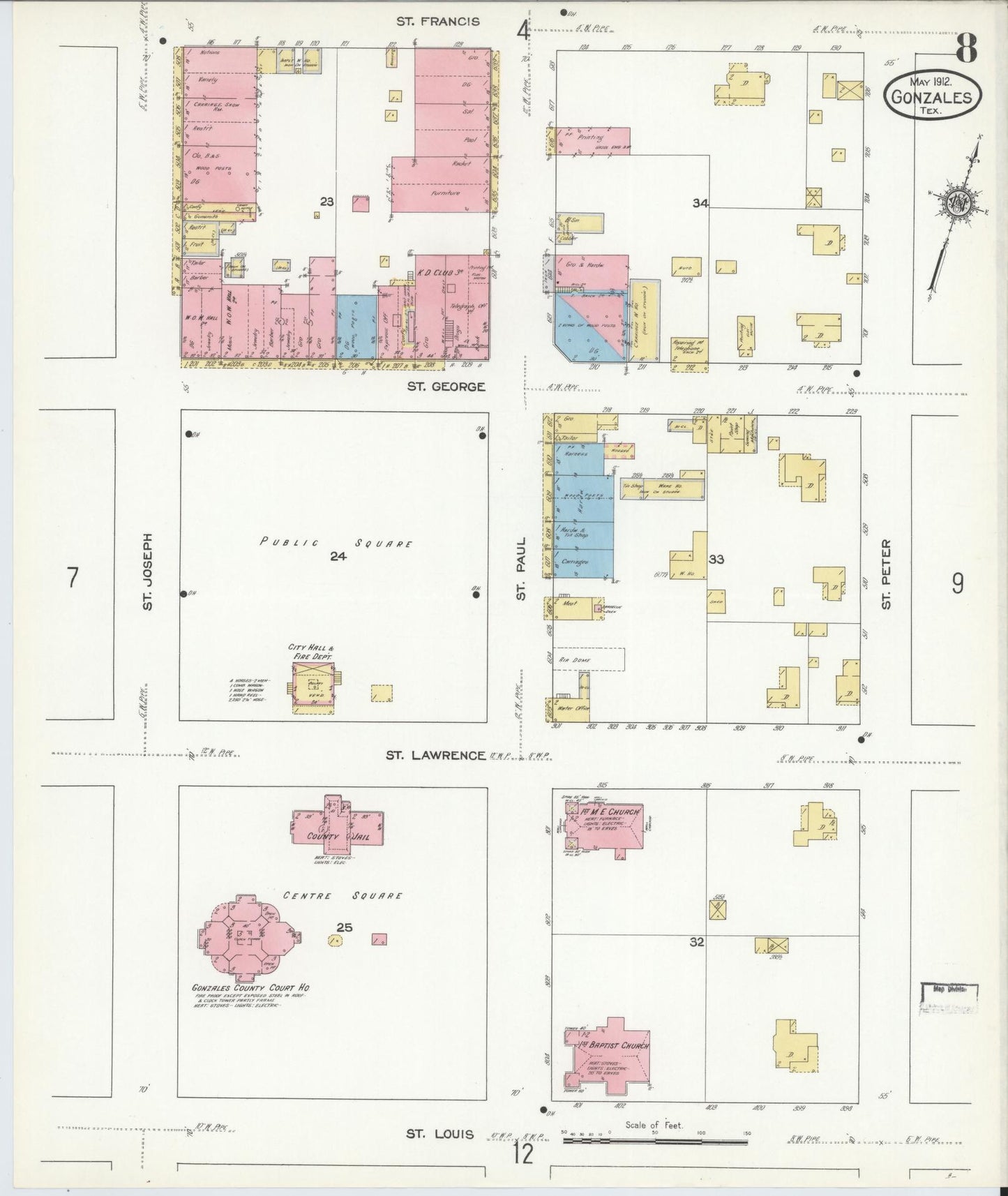 Sanborn Fire Insurance Map from Gonzales, Gonzales County, Texas (1912), Sheet #0008 - Complete Map Set gallery image, historic Sanborn map, vintage wall art, Texas Texas