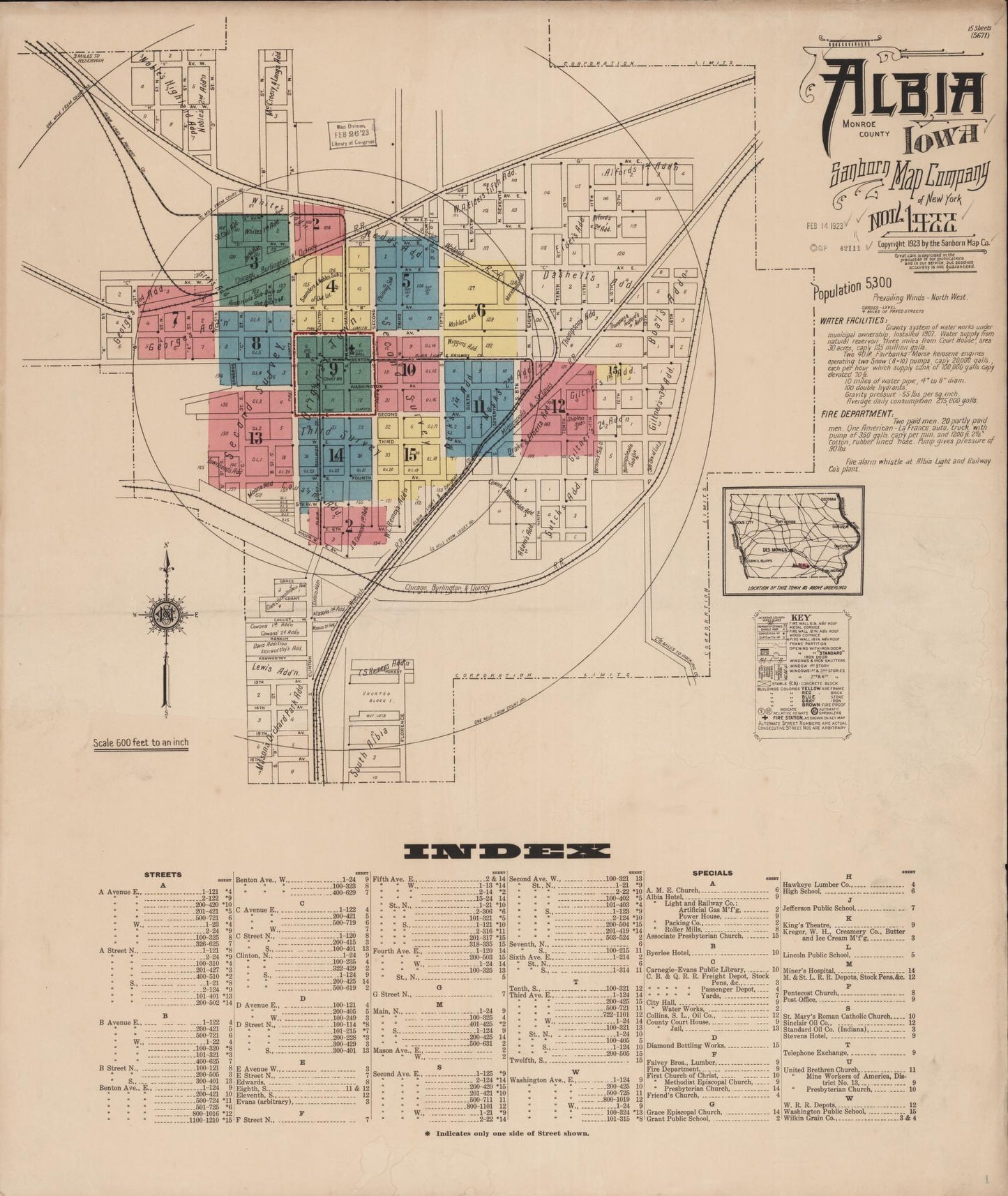 Sanborn Fire Insurance Map from Albia, Monroe County, Iowa (1922), Sheet #0001 - Historic Sanborn Fire Insurance Map Print, vintage old map wall art