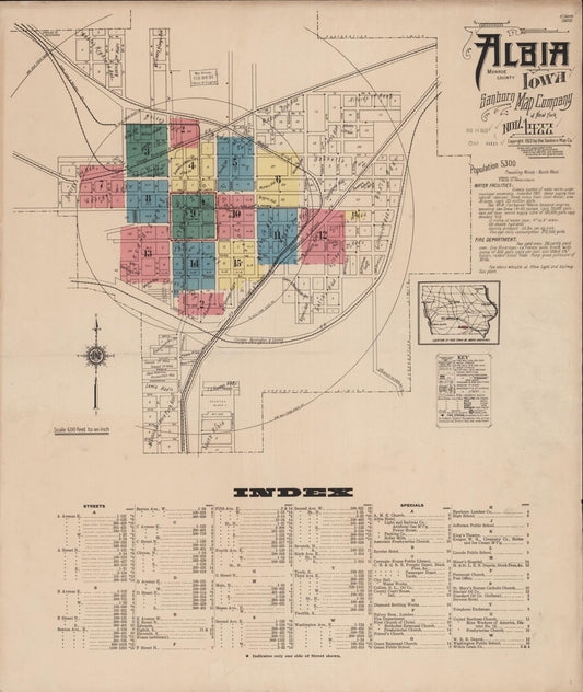 Sanborn Fire Insurance Map from Albia, Monroe County, Iowa (1922), Sheet #0001 - Historic Sanborn Fire Insurance Map Print, vintage old map wall art