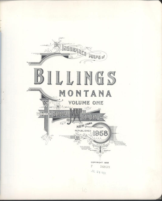 Sanborn Fire Insurance Map from Billings, Yellowstone County, Montana (1958), Sheet #0001 - Complete Map Set gallery image, historic Sanborn map, vintage wall art, Montana Montana