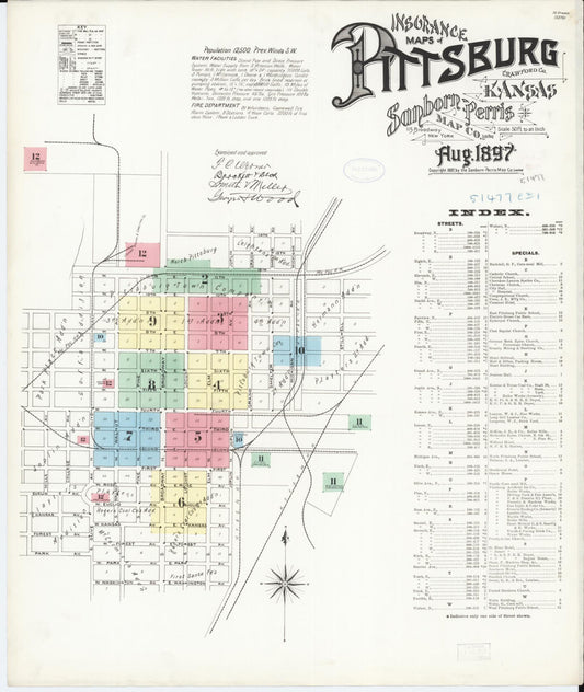 Sanborn Fire Insurance Map from Pittsburg, Crawford County, Kansas (1897), Sheet #0001 - Complete Map Set gallery image, historic Sanborn map, vintage wall art, Kansas Kansas