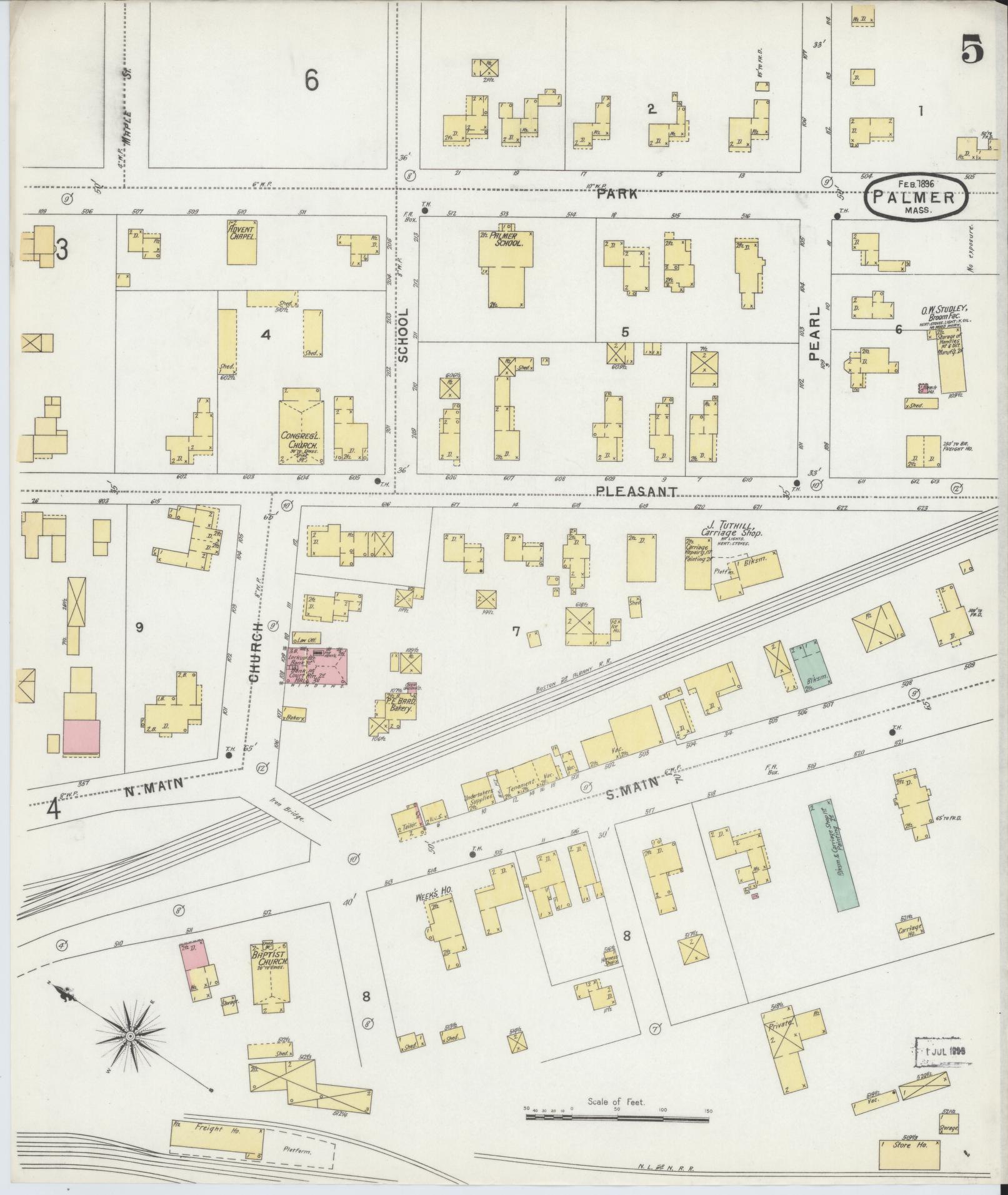 Sanborn Fire Insurance Map from Palmer, Hampden County, Massachusetts (1896), Sheet #0005 - Historic Sanborn Fire Insurance Map Print, vintage old map wall art, antique decor, genealogy gift, Massachusetts Massachusetts map