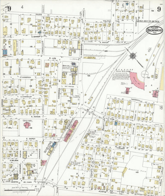 Sanborn Fire Insurance Map from Brownwood, Brown County, Texas (1923), Sheet #0009 - Historic Sanborn Fire Insurance Map Print, vintage old map wall art, antique decor, genealogy gift, Texas Texas map