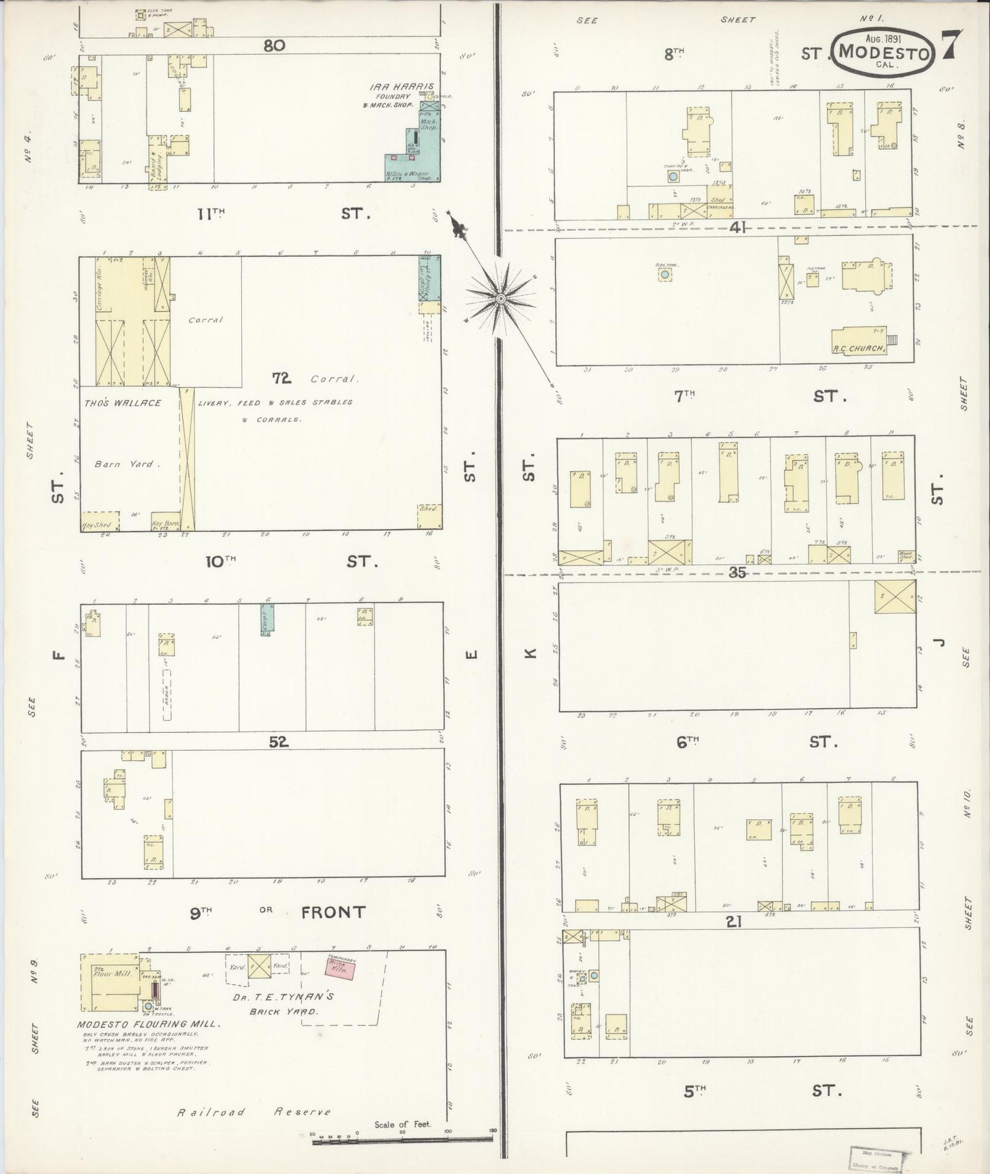 Sanborn Fire Insurance Map from Modesto, Stanislaus County, California (1891), Sheet #0007 - Historic Sanborn Fire Insurance Map Print, vintage old map wall art, antique decor, genealogy gift, California California map