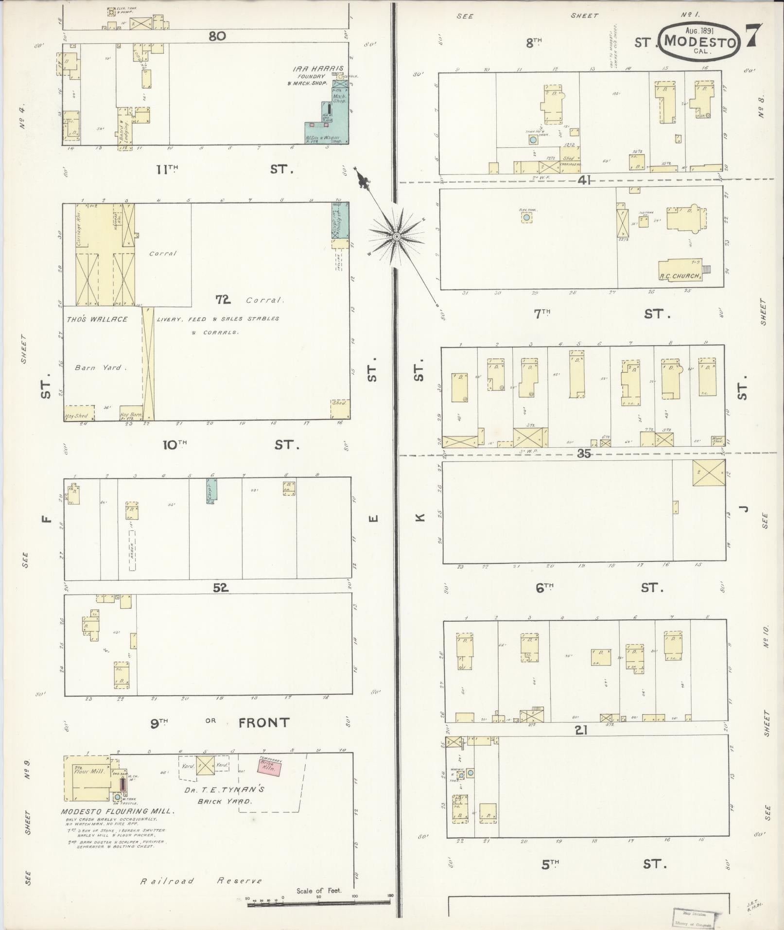 Sanborn Fire Insurance Map from Modesto, Stanislaus County, California (1891), Sheet #0007 - Historic Sanborn Fire Insurance Map Print, vintage old map wall art, antique decor, genealogy gift, California California map