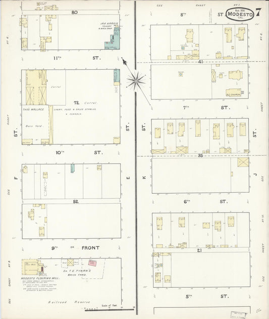 Sanborn Fire Insurance Map from Modesto, Stanislaus County, California (1891), Sheet #0007 - Historic Sanborn Fire Insurance Map Print, vintage old map wall art, antique decor, genealogy gift, California California map