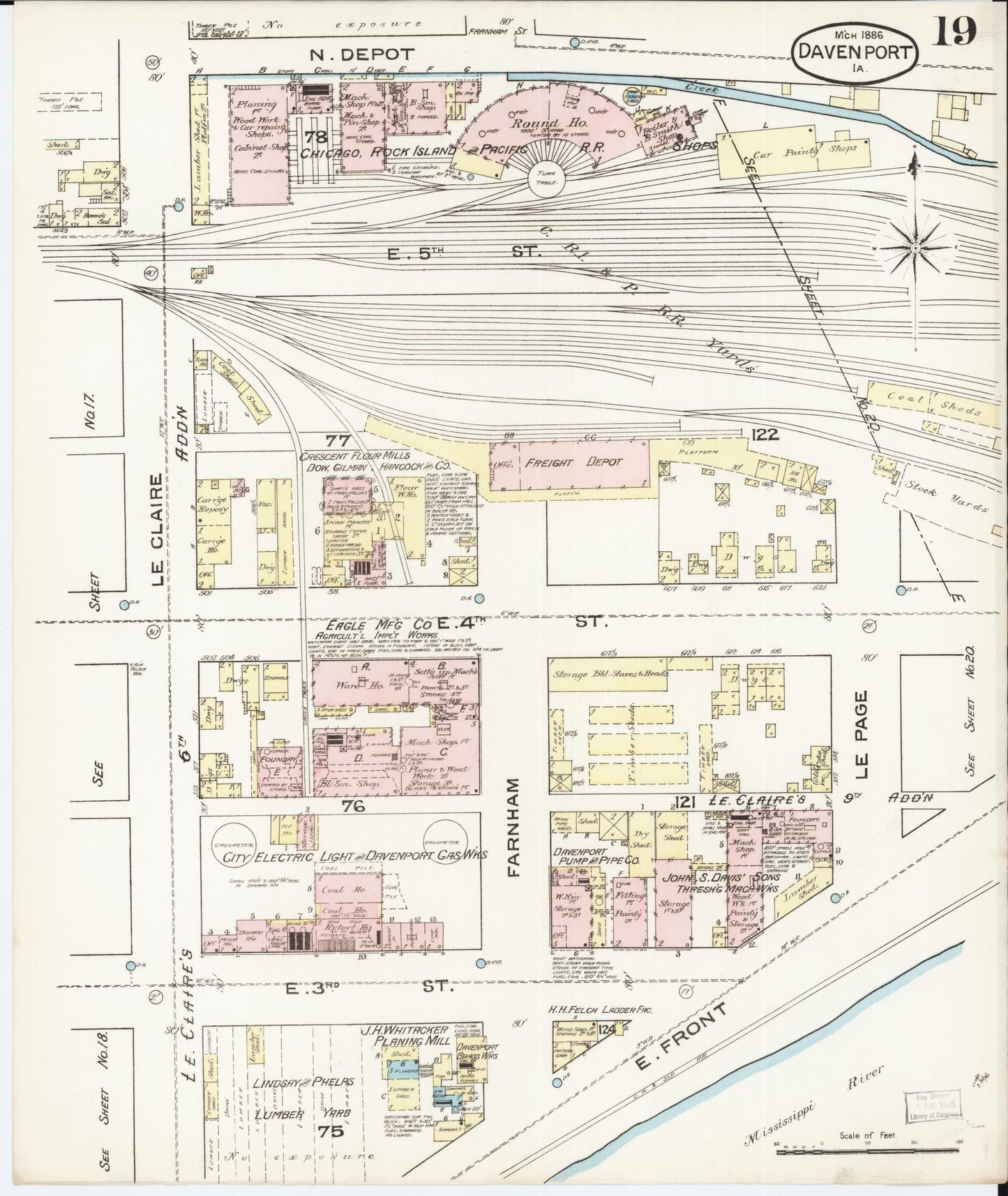 Sanborn Fire Insurance Map from Davenport, Scott County, Iowa (1886), Sheet #0019 - Historic Sanborn Fire Insurance Map Print, vintage old map wall art