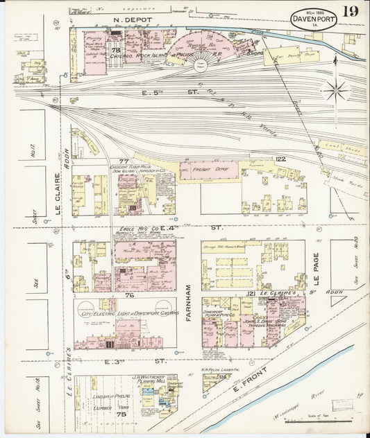 Sanborn Fire Insurance Map from Davenport, Scott County, Iowa (1886), Sheet #0019 - Historic Sanborn Fire Insurance Map Print, vintage old map wall art