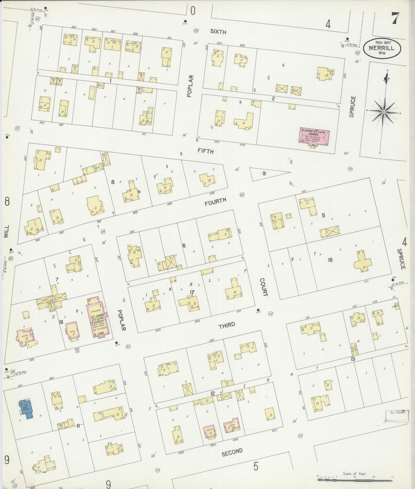 Sanborn Fire Insurance Map from Merrill, Lincoln County, Wisconsin (1907), Sheet #0007 - Complete Map Set gallery image, historic Sanborn map, vintage wall art, Wisconsin Wisconsin