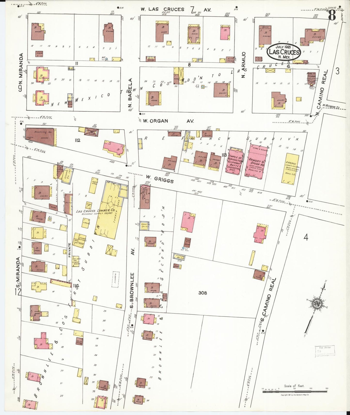 Sanborn Fire Insurance Map from Las Cruces, Dona Ana County, New Mexico (1921), Sheet #0008 - Complete Map Set gallery image, historic Sanborn map, vintage wall art, New Mexico New Mexico