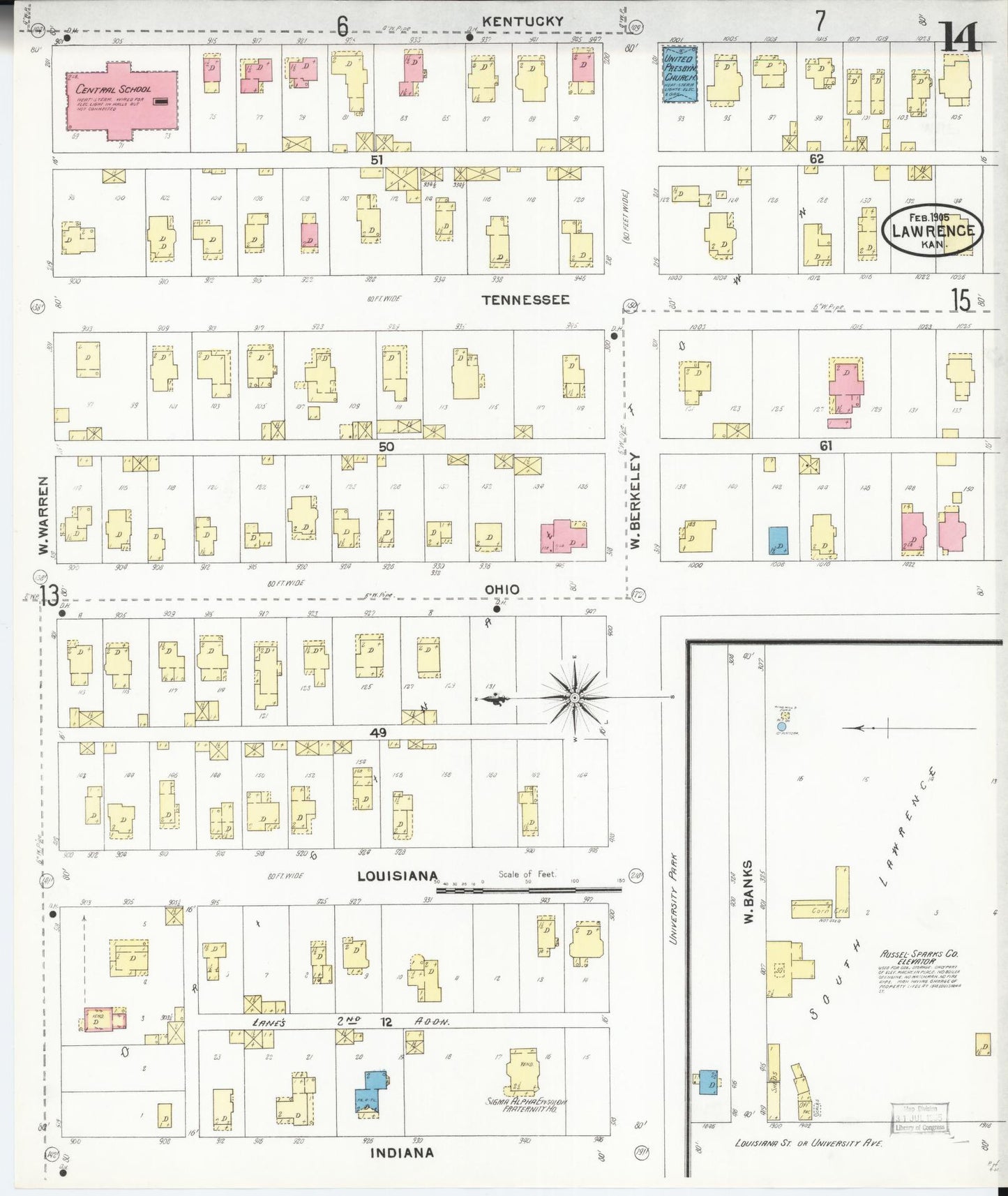 Sanborn Fire Insurance Map from Lawrence, Douglas County, Kansas (1905), Sheet #0014 - Complete Map Set gallery image, historic Sanborn map, vintage wall art, Kansas Kansas