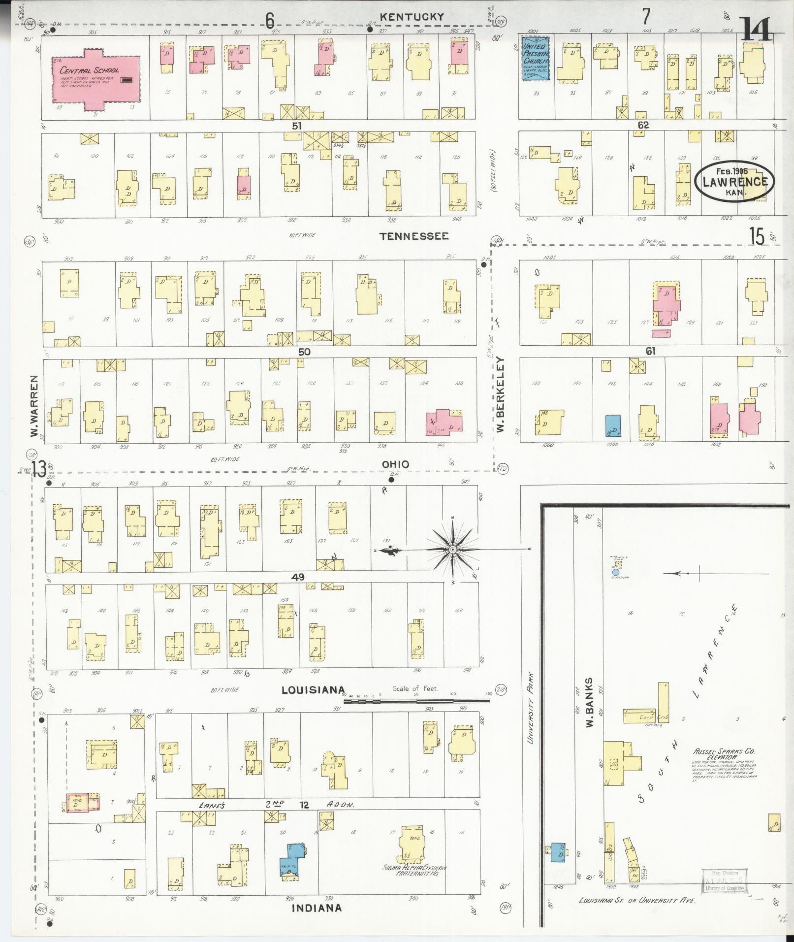 Sanborn Fire Insurance Map from Lawrence, Douglas County, Kansas (1905), Sheet #0014 - Complete Map Set gallery image, historic Sanborn map, vintage wall art, Kansas Kansas