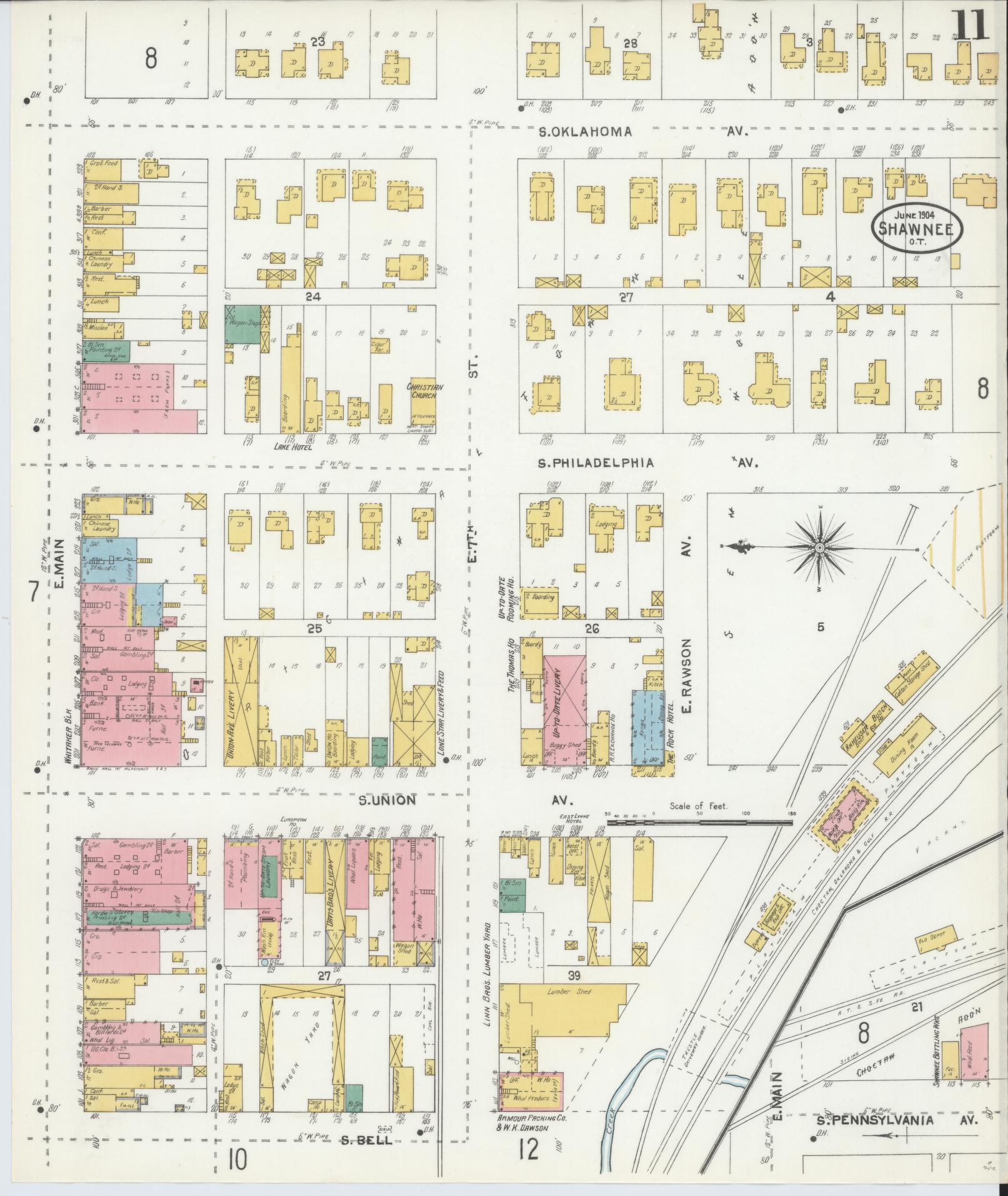 Sanborn Fire Insurance Map from Shawnee, Pottawatomie County, Oklahoma (1904), Sheet #0011 - Complete Map Set gallery image, historic Sanborn map, vintage wall art, Oklahoma Oklahoma