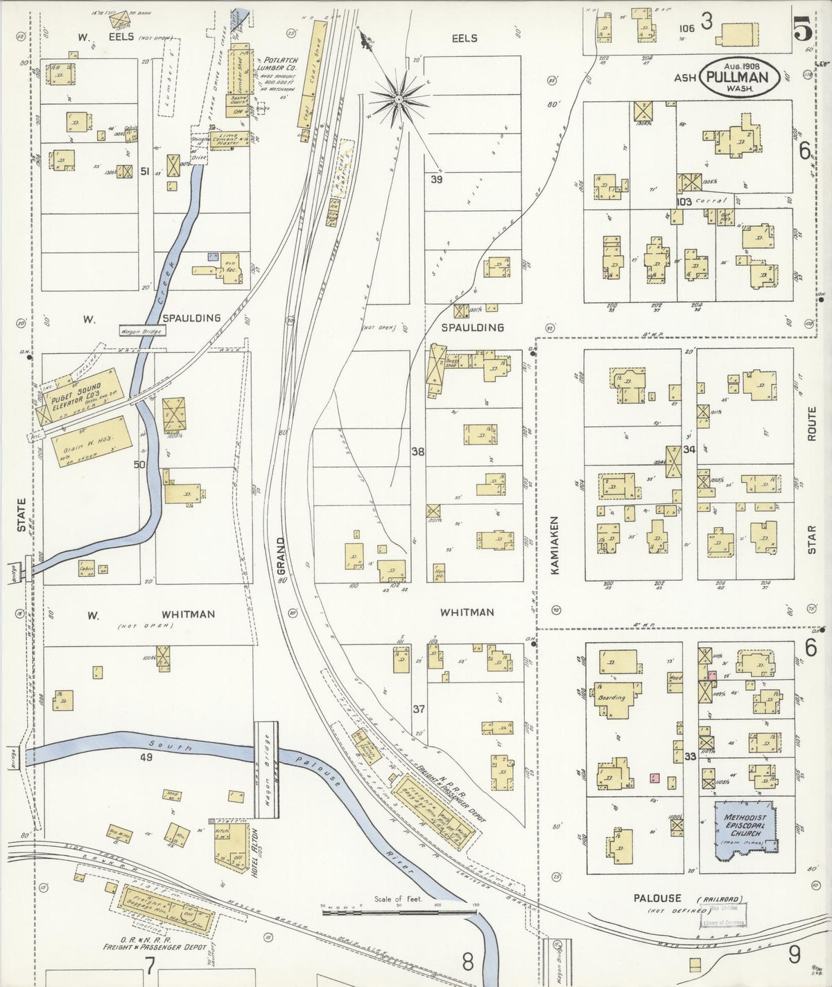 Sanborn Fire Insurance Map from Pullman, Whitman County, Washington (1908), Sheet #0005 - Historic Sanborn Fire Insurance Map Print, vintage old map wall art, antique decor, genealogy gift, Washington Washington map