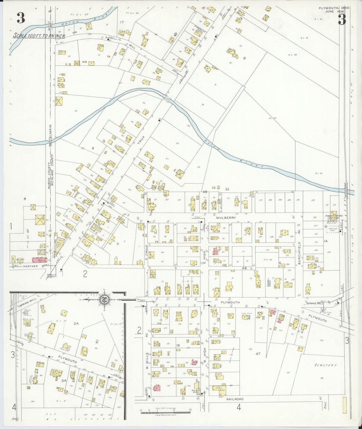 Sanborn Fire Insurance Map from Plymouth, Huron And Richland Counties, Ohio (1938), Sheet #0003 - Historic Sanborn Fire Insurance Map Print, vintage old map wall art, antique decor, genealogy gift, Ohio Ohio map