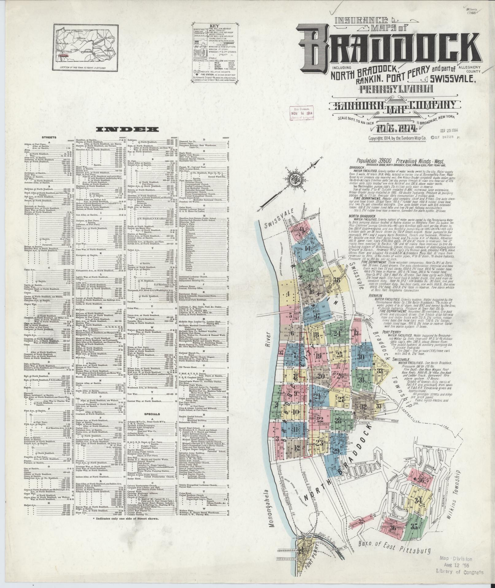 Sanborn Fire Insurance Map from Braddock, Allegheny County, Pennsylvania (1914), Sheet #0001 - Historic Sanborn Fire Insurance Map Print, vintage old map wall art, antique decor, genealogy gift, Pennsylvania Pennsylvania map