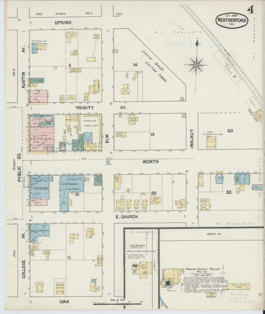 Sanborn Fire Insurance Map from Weatherford, Parker County, Texas (1889), Sheet #0004 - Historic Sanborn Fire Insurance Map Print, vintage old map wall art, antique decor, genealogy gift, Texas Texas map