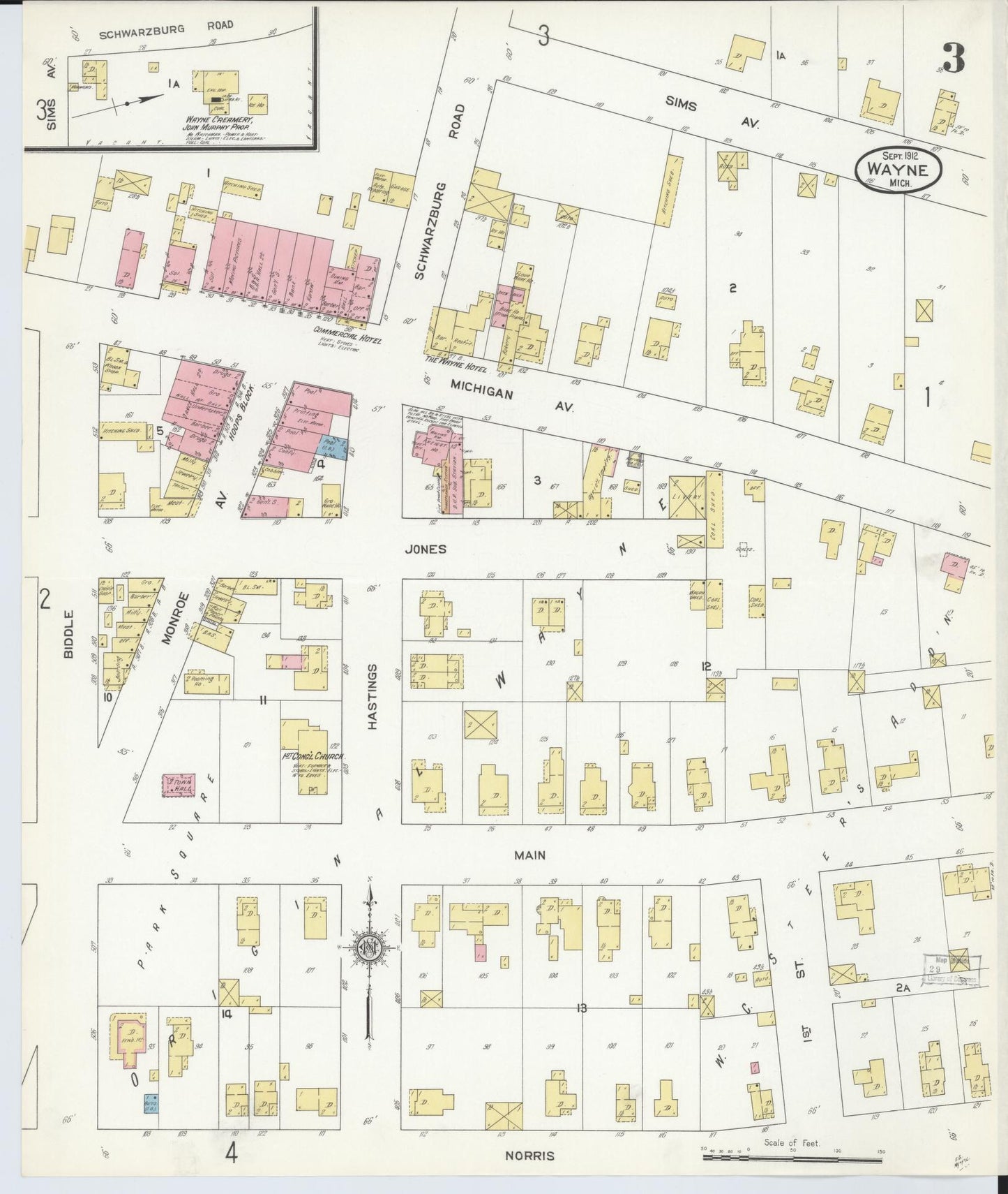 Sanborn Fire Insurance Map from Wayne, Wayne County, Michigan (1912), Sheet #0003 - Historic Sanborn Fire Insurance Map Print, vintage old map wall art, antique decor, genealogy gift, Michigan Michigan map