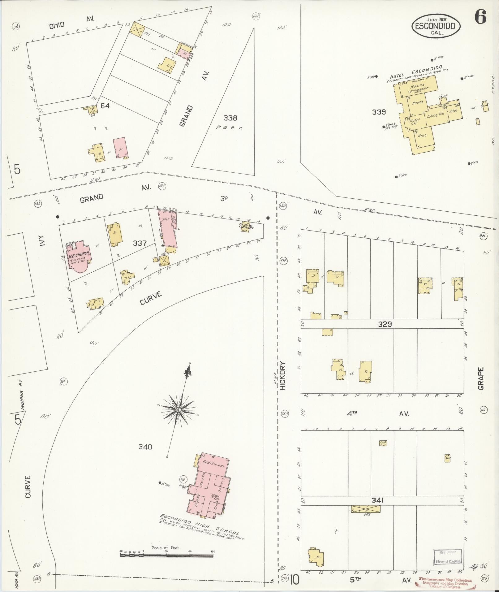 Sanborn Fire Insurance Map from Escondido, San Diego County, California (1907), Sheet #0006 - Historic Sanborn Fire Insurance Map Print, vintage old map wall art, antique decor, genealogy gift, California California map